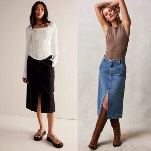 We The Free People Wild Roses Midi Skirt Denim Jean Scandi Luxury Minimalist 90s